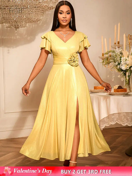 AOMEIDRESS Elegant Shiny Maxi A Line Dress For Wedding Guest 3D Flower LightGold / S