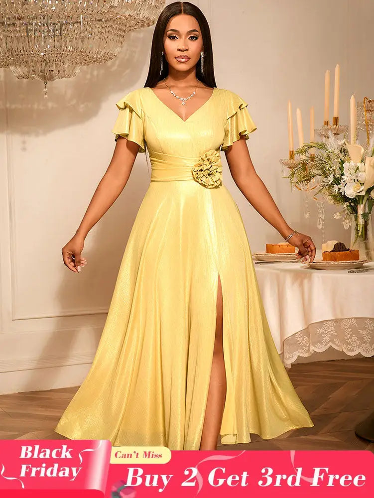 AOMEIDRESS Elegant Shiny Maxi A Line Dress For Wedding Guest 3D Flower LightGold / S