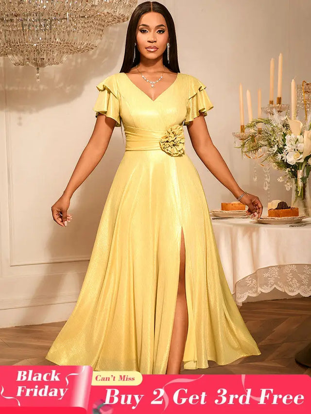 AOMEIDRESS Elegant Shiny Maxi A Line Dress For Wedding Guest 3D Flower LightGold / S