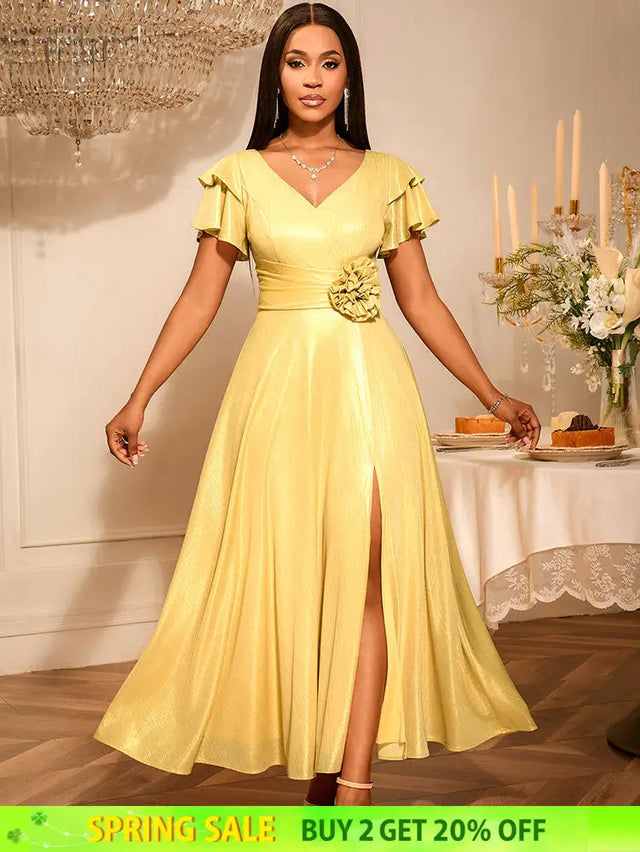 AOMEIDRESS Elegant Shiny Maxi A Line Dress For Wedding Guest 3D Flower LightGold / S