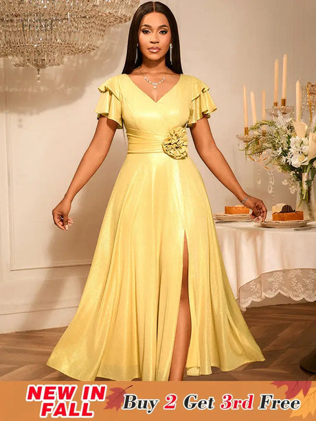 AOMEIDRESS Elegant Shiny Maxi A Line Dress For Wedding Guest 3D Flower LightGold / S