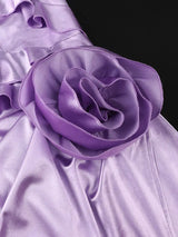 AOMEIDRESS Elegant Shiny Satin Ruffle Party Dress High Slit 3D Flower