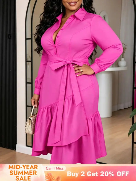 AOMEIDRESS Elegant Shirt Dress Lapel Long Sleeve Tie Waist Ruffle