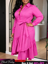AOMEIDRESS Elegant Shirt Dress Lapel Long Sleeve Tie Waist Ruffle