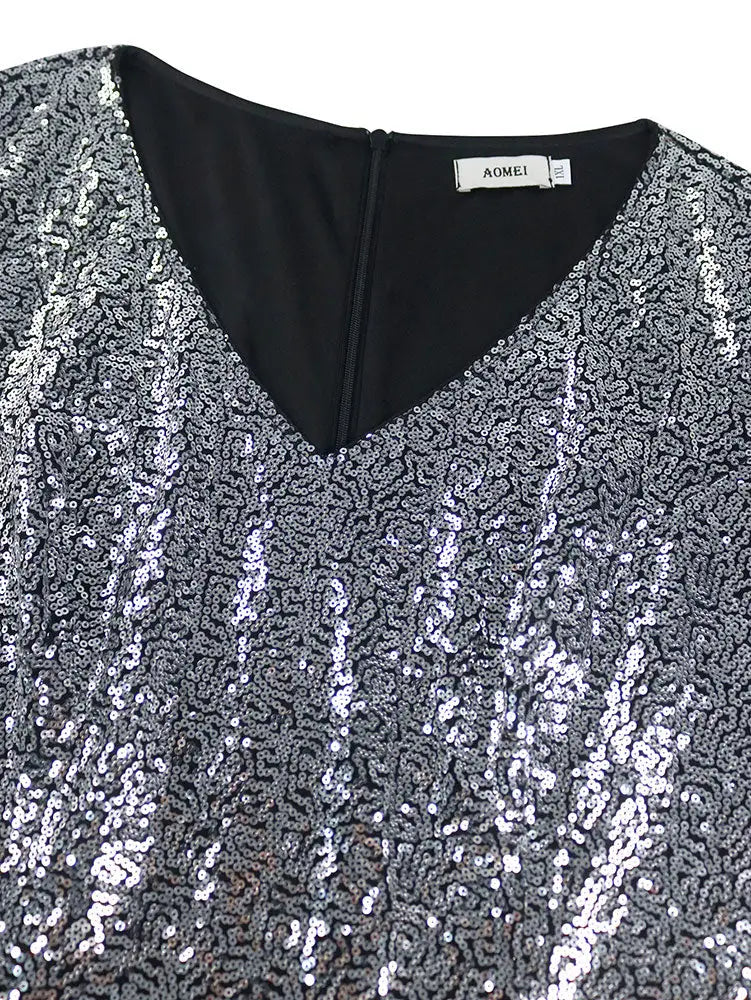 AOMEIDRESS Elegant Silver Sequins Midi Mermaid Dress For Wedding Guest