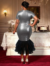 AOMEIDRESS Elegant Silver Sequins Midi Mermaid Dress For Wedding Guest