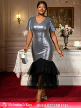 AOMEIDRESS Elegant Silver Sequins Midi Mermaid Dress For Wedding Guest Silver / S