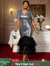 AOMEIDRESS Elegant Silver Sequins Midi Mermaid Dress For Wedding Guest Silver / S