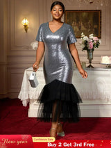 AOMEIDRESS Elegant Silver Sequins Midi Mermaid Dress For Wedding Guest Silver / S