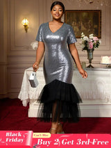 AOMEIDRESS Elegant Silver Sequins Midi Mermaid Dress For Wedding Guest Silver / S