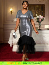 AOMEIDRESS Elegant Silver Sequins Midi Mermaid Dress For Wedding Guest Silver / S