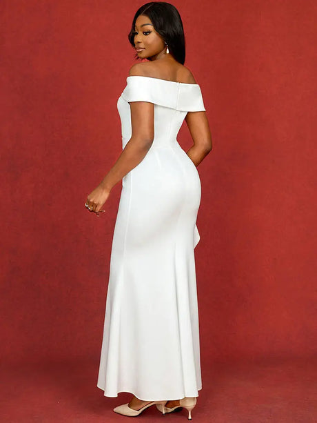 AOMEIDRESS Elegant Slash Neck Dresses For Women White Bridal Gowns