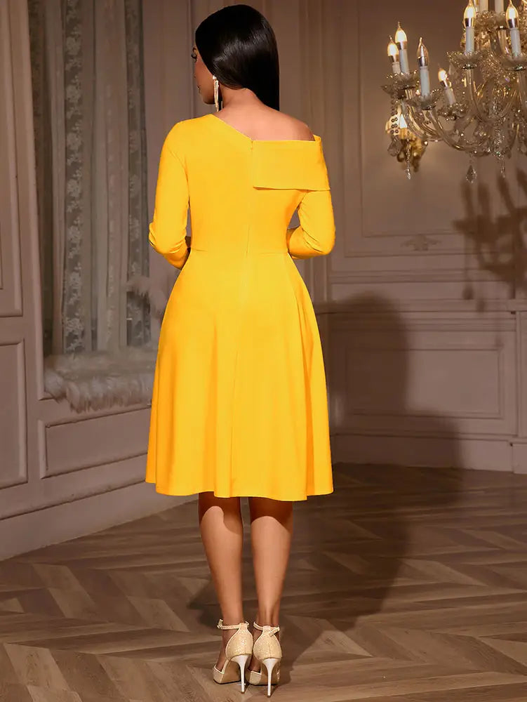 AOMEIDRESS Elegant Slash Neck Pleated Dress Long Sleeve Casual Outfit