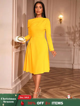 AOMEIDRESS Elegant Slash Neck Pleated Dress Long Sleeve Casual Outfit Yellow / S