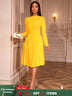 AOMEIDRESS Elegant Slash Neck Pleated Dress Long Sleeve Casual Outfit Yellow / S