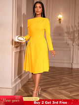 AOMEIDRESS Elegant Slash Neck Pleated Dress Long Sleeve Casual Outfit Yellow / S