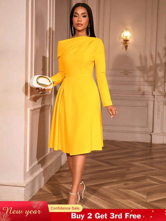 AOMEIDRESS Elegant Slash Neck Pleated Dress Long Sleeve Casual Outfit Yellow / S