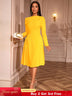 AOMEIDRESS Elegant Slash Neck Pleated Dress Long Sleeve Casual Outfit Yellow / S