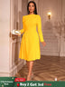 AOMEIDRESS Elegant Slash Neck Pleated Dress Long Sleeve Casual Outfit Yellow / S