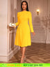 AOMEIDRESS Elegant Slash Neck Pleated Dress Long Sleeve Casual Outfit Yellow / S