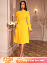 AOMEIDRESS Elegant Slash Neck Pleated Dress Long Sleeve Casual Outfit Yellow / S