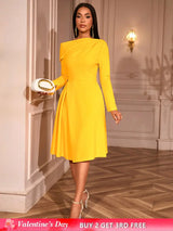 AOMEIDRESS Elegant Slash Neck Pleated Dress Long Sleeve Casual Outfit Yellow / S