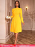 AOMEIDRESS Elegant Slash Neck Pleated Dress Long Sleeve Casual Outfit Yellow / S