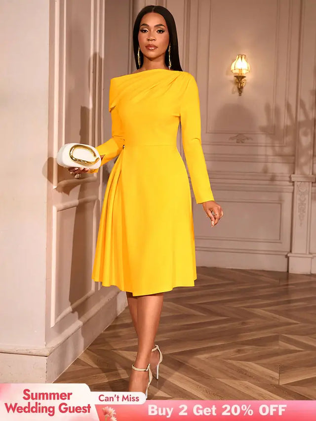 AOMEIDRESS Elegant Slash Neck Pleated Dress Long Sleeve Casual Outfit Yellow / S