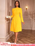AOMEIDRESS Elegant Slash Neck Pleated Dress Long Sleeve Casual Outfit Yellow / S