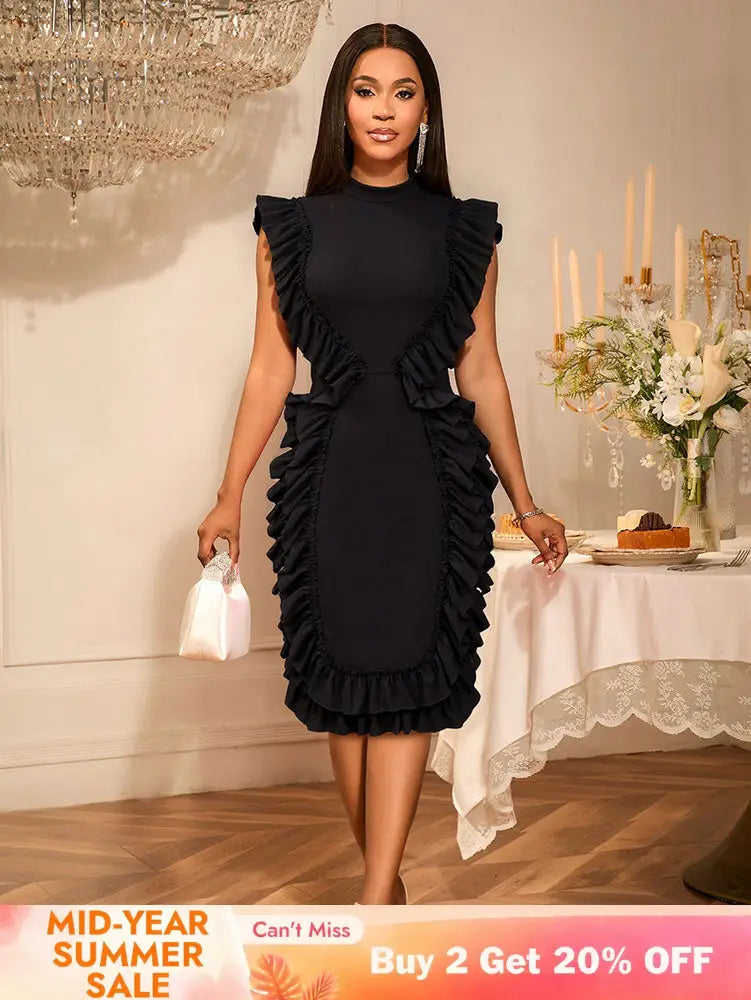 AOMEIDRESS Elegant Sleeveless Bodycon Dress Ruffle Cocktail Party Black / S