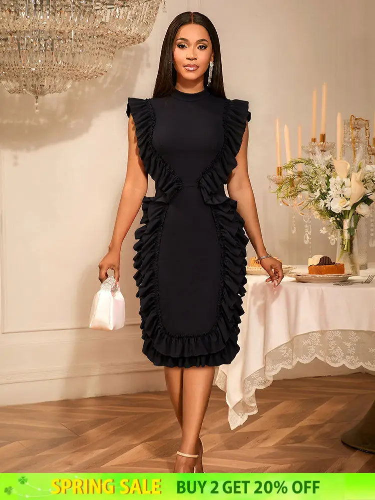 AOMEIDRESS Elegant Sleeveless Bodycon Dress Ruffle Cocktail Party Black / S