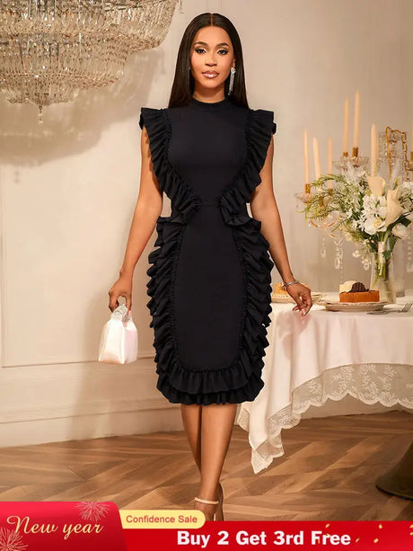 AOMEIDRESS Elegant Sleeveless Bodycon Dress Ruffle Cocktail Party Black / S