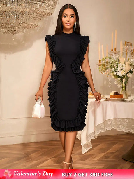 AOMEIDRESS Elegant Sleeveless Bodycon Dress Ruffle Cocktail Party Black / S