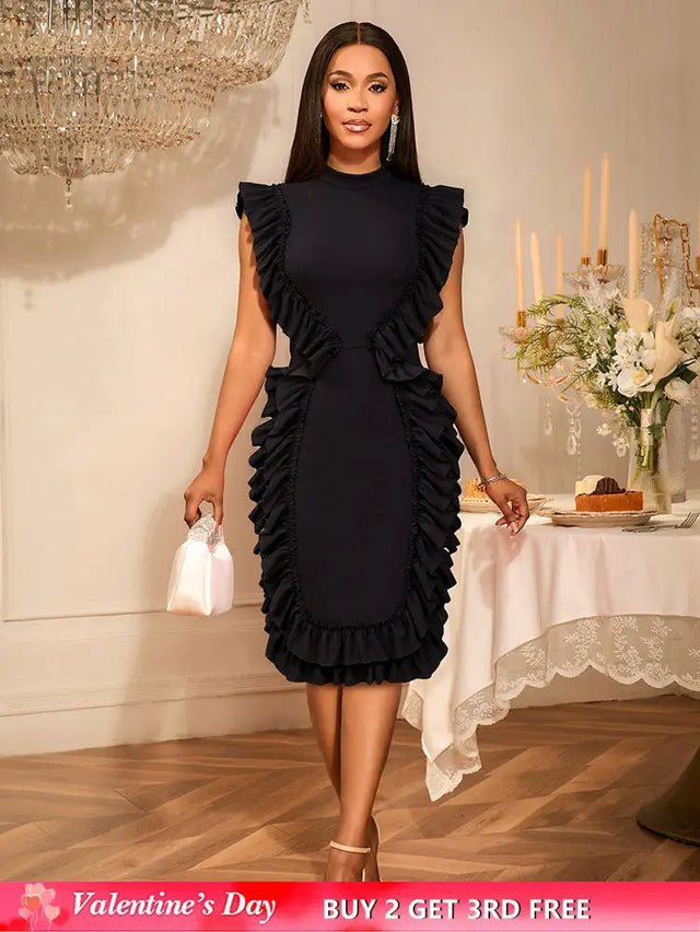 AOMEIDRESS Elegant Sleeveless Bodycon Dress Ruffle Cocktail Party Black / S