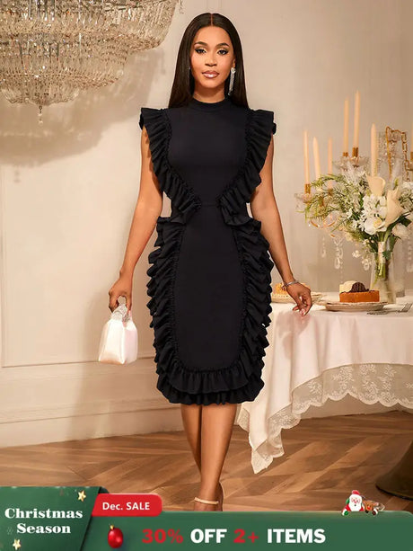 AOMEIDRESS Elegant Sleeveless Bodycon Dress Ruffle Cocktail Party Black / S