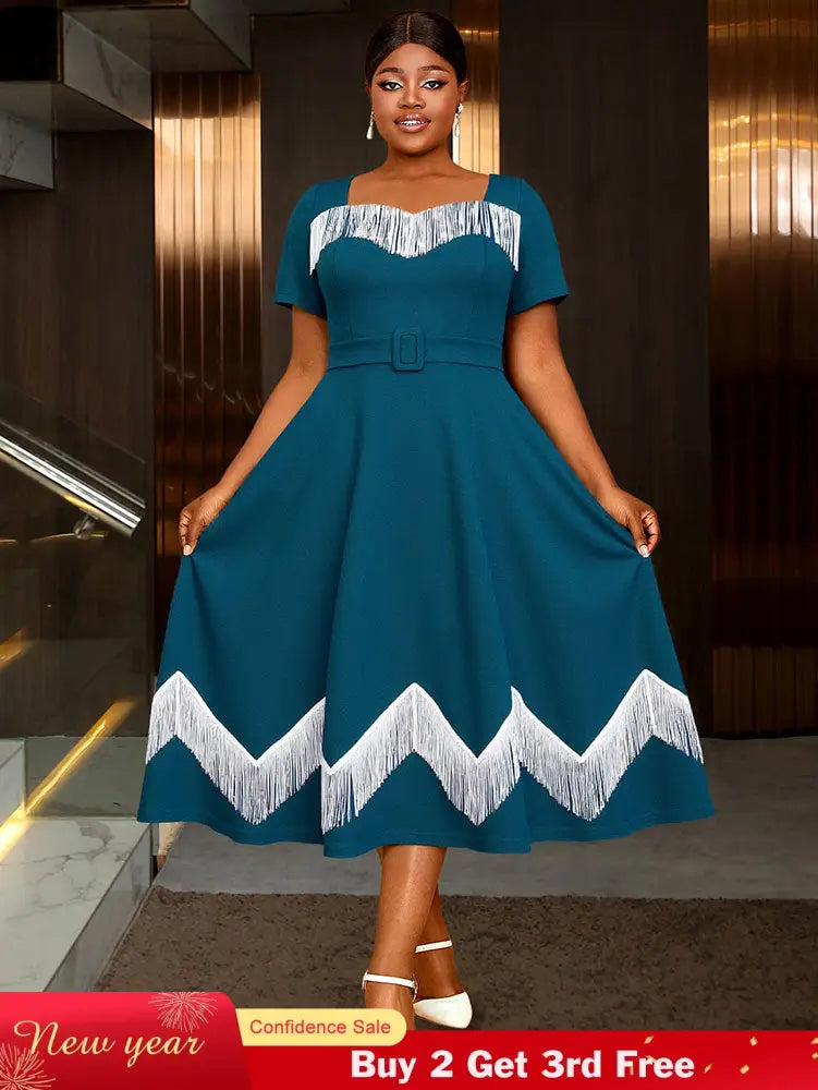 AOMEIDRESS Elegant Tassel A Line Midi Pleated Dresses For Church PeocockBlue / S