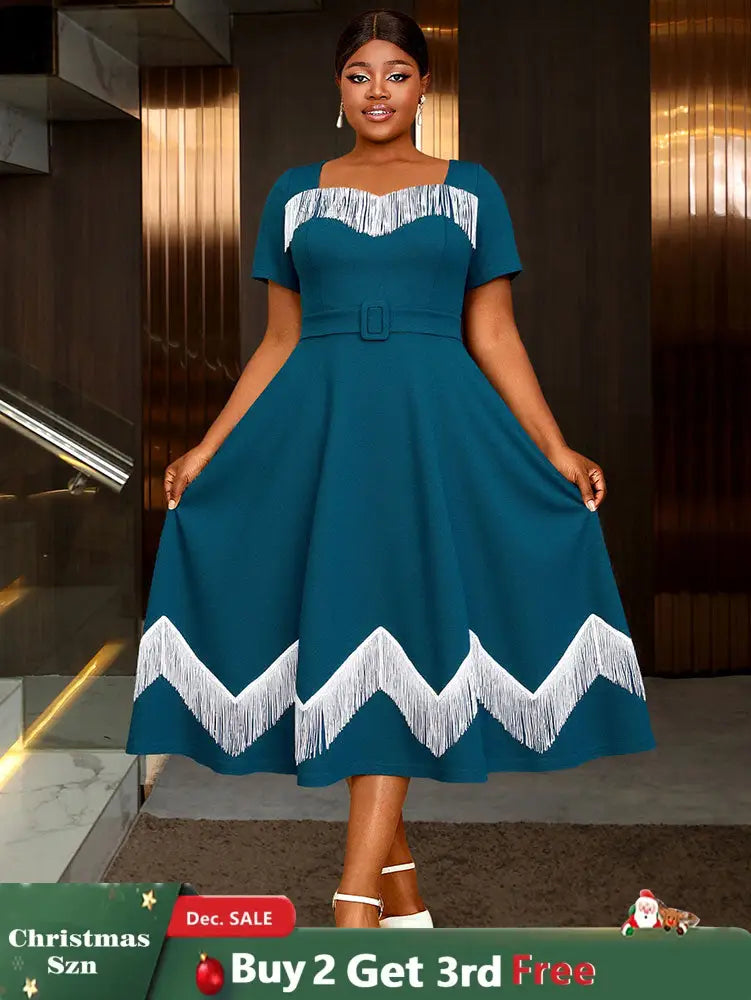 AOMEIDRESS Elegant Tassel A Line Midi Pleated Dresses For Church PeocockBlue / S