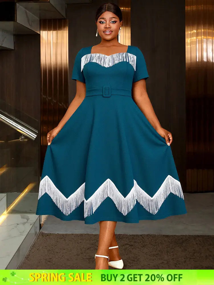 AOMEIDRESS Elegant Tassel A Line Midi Pleated Dresses For Church PeocockBlue / S