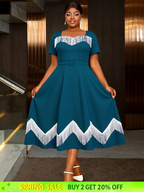 AOMEIDRESS Elegant Tassel A Line Midi Pleated Dresses For Church PeocockBlue / S