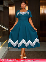 AOMEIDRESS Elegant Tassel A Line Midi Pleated Dresses For Church PeocockBlue / S