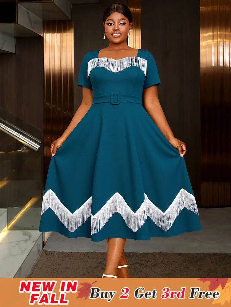 AOMEIDRESS Elegant Tassel A Line Midi Pleated Dresses For Church PeocockBlue / S