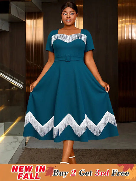 AOMEIDRESS Elegant Tassel A Line Midi Pleated Dresses For Church PeocockBlue / S