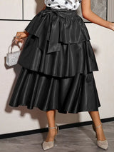 AOMEIDRESS Elegant Tiered Skirt Elastic High Waist Bow Evening Gowns - Black / S