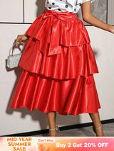 AOMEIDRESS Elegant Tiered Skirt Elastic High Waist Bow Evening Gowns - Red / S