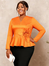 AOMEIDRESS Elegant Tops V Neck Long Sleeves with 3D Flower Peplum Hem