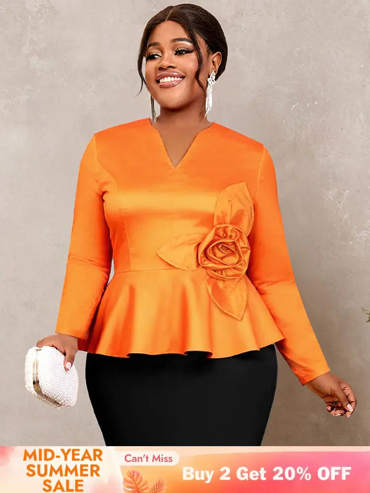 AOMEIDRESS Elegant Tops V Neck Long Sleeves with 3D Flower Peplum Hem Orange / S