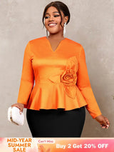 AOMEIDRESS Elegant Tops V Neck Long Sleeves with 3D Flower Peplum Hem Orange / S