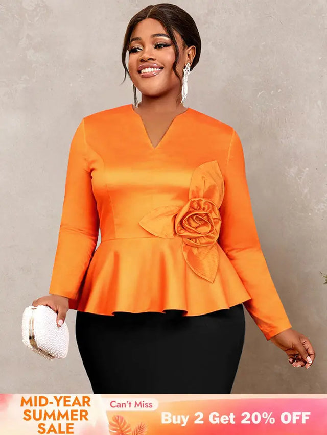 AOMEIDRESS Elegant Tops V Neck Long Sleeves with 3D Flower Peplum Hem Orange / S