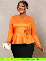 AOMEIDRESS Elegant Tops V Neck Long Sleeves with 3D Flower Peplum Hem Orange / S
