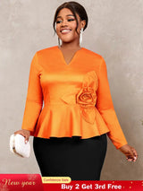 AOMEIDRESS Elegant Tops V Neck Long Sleeves with 3D Flower Peplum Hem Orange / S